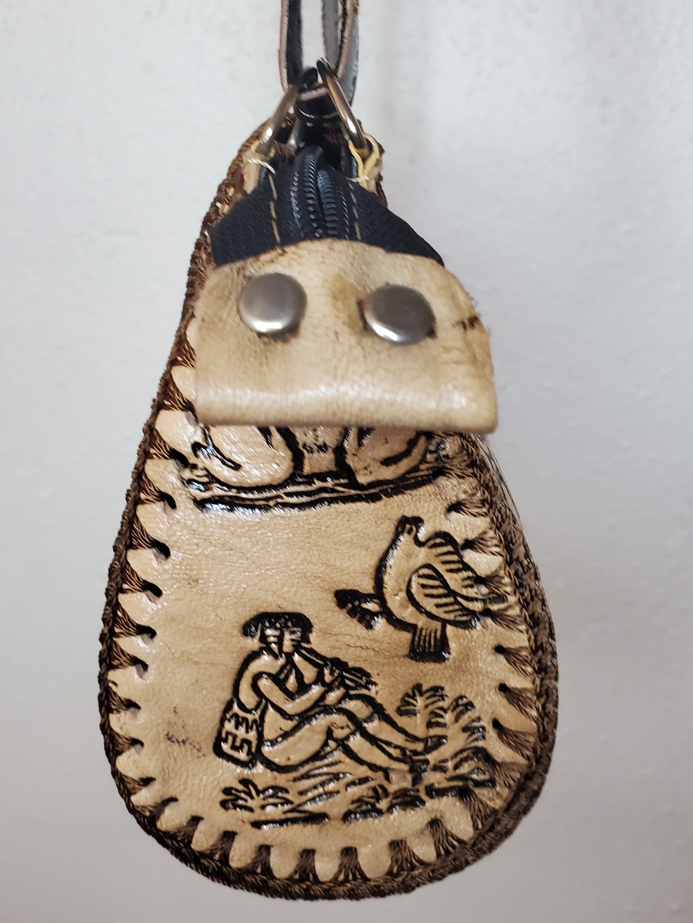 Peruvian Handmade Tooled Leather Serape Crossbody 8" Cream Brown Andean Textile - Picture 11 of 11